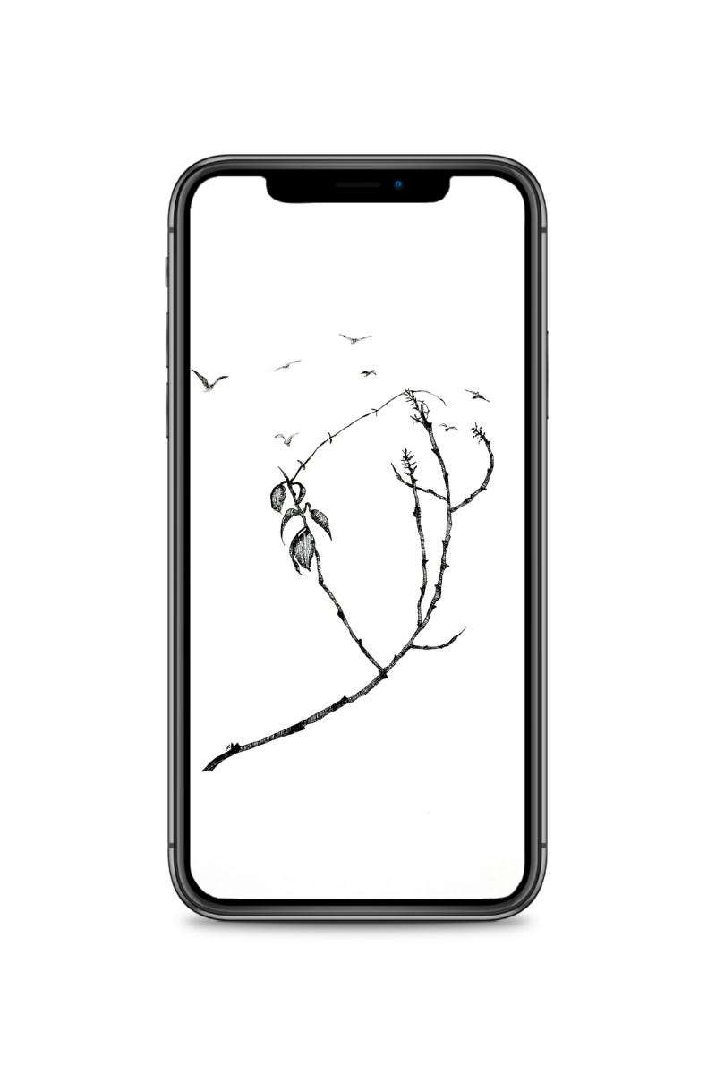 Mock up of phone with digital phone paper of artwork “Tree Branches & Seven Birds”.