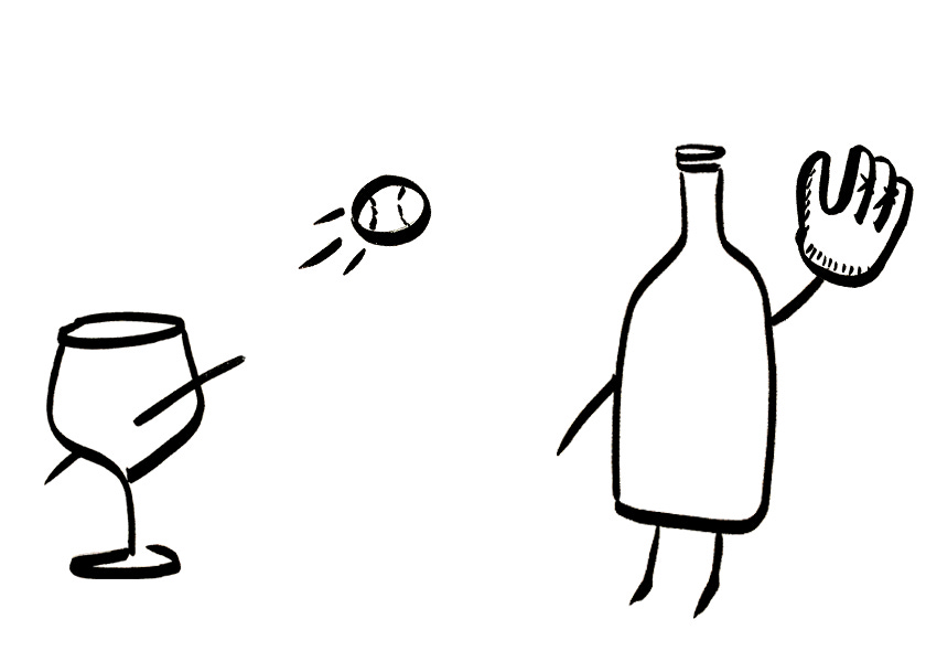An anthropomorphic wine glass and bottle play father-son catch