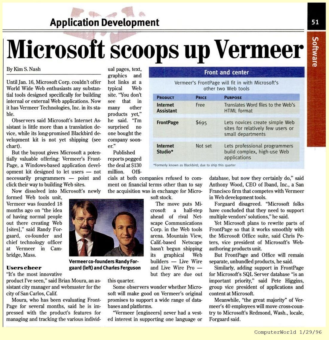 Scanned news article, "Microsoft Scoops Up Vermeer"