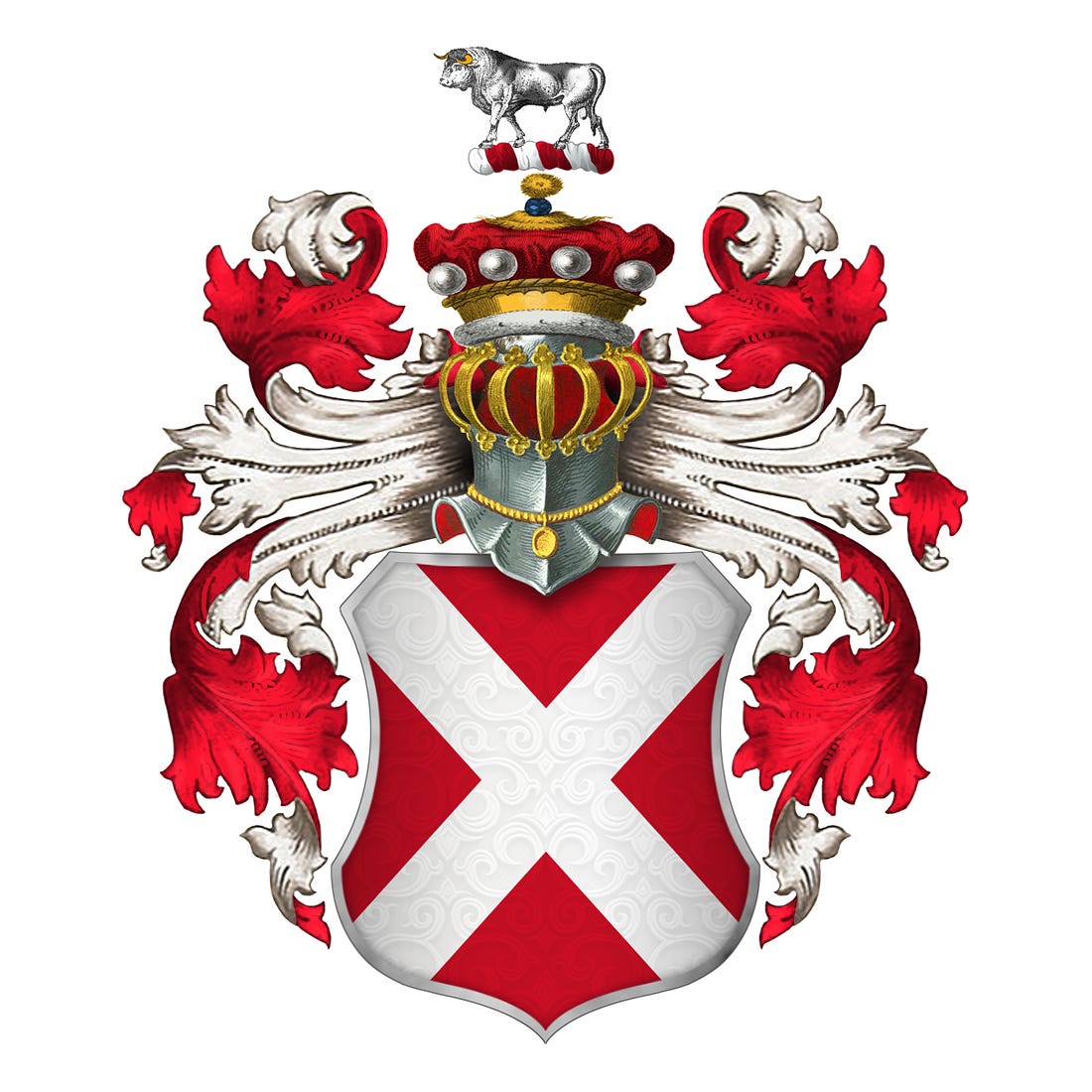 A white x on red full coat of arms for the barons of raby