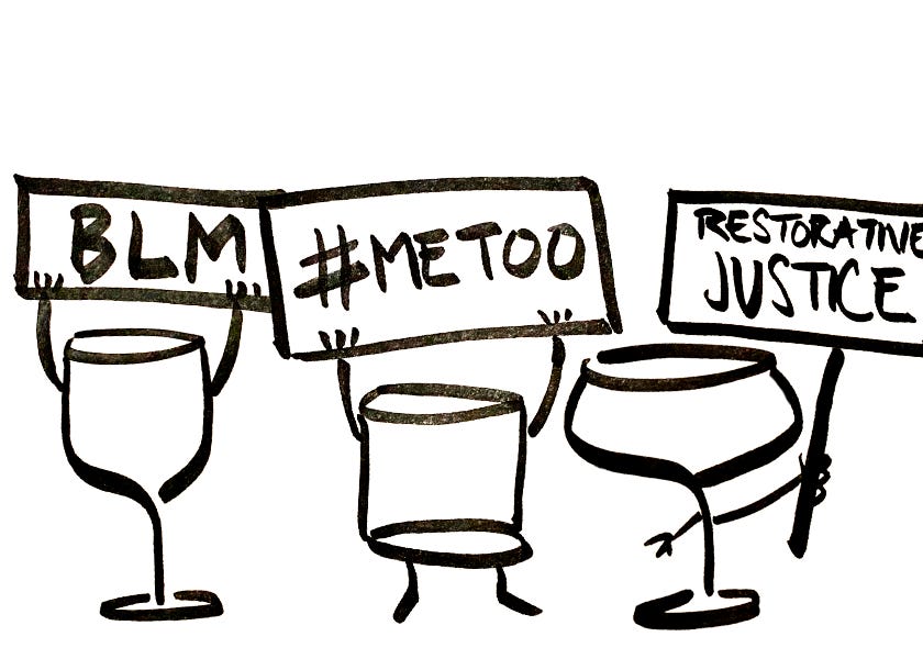 Wine and cocktail glasses protesting with BLM and #MeToo posters