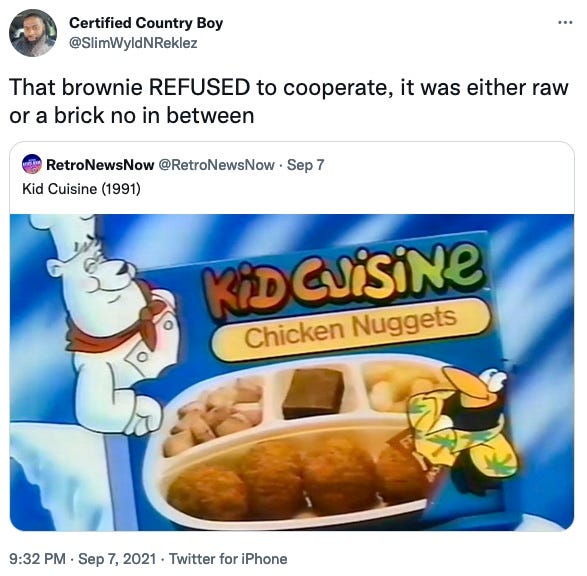 A screenshot of a funny tweet about the brownies in kid cuisine meals