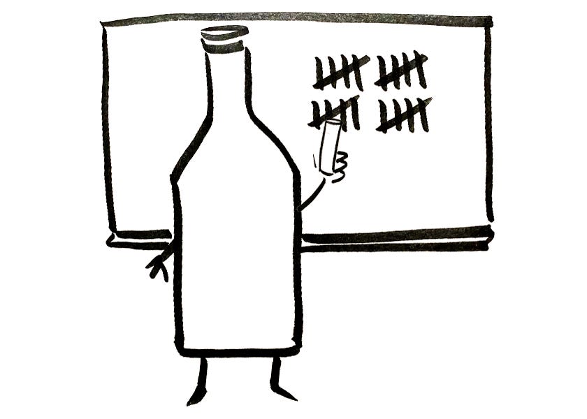 An anthropomorphic wine bottle tallying the number 20 on a chalkboard