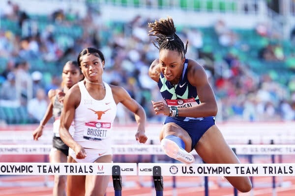 Brianna McNeal, right, competing at the U.S. Olympic track and field trials last month in Eugene, Ore.