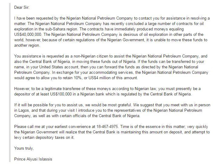  An example of a Nigerian prince scam email