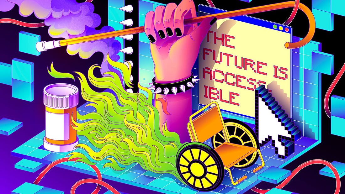 crip punk 3dimensional illustration featuring purple background with teal pixels, orange pill bottle, neon orange wheelchair with lime green flames behind it, fist with black nailpolish holding a cane, website titled "the future is accessible", giant mouse cursor 

Illustration by Ari Liloan for The Verge, article by Kait Sanchez @crisp_red https://www.theverge.com/22583848/disabled-teen-cripple-punk-media-representation