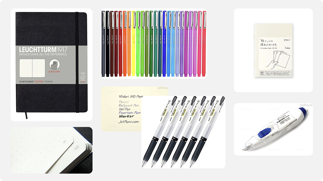 Collage of pens, stationary, and white-out.