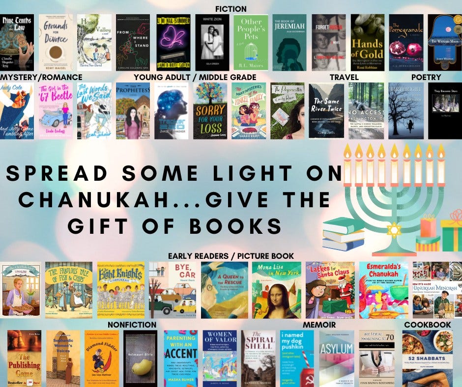 Collage of book covers along with an image of a Chanukah menorah with candles alight and a message to "Spread Some Light on Chanukah...Give the Gift of Books."