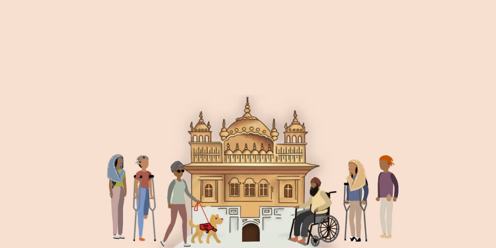 The series image created by Sukhjeen Kaur. Body-profile images of disabled individuals without and with disability aids (wheelchair, crutches, guide-dog and ostomy bag) are shown outside Sri Harmandir Sahib on a pastel pink background. Sri Harmandir Sahib has a faint grey glow around it. At the top-centre of the image, the title reads ‘Disabilities in Focus: Punjabi and Sikh Communities’ 