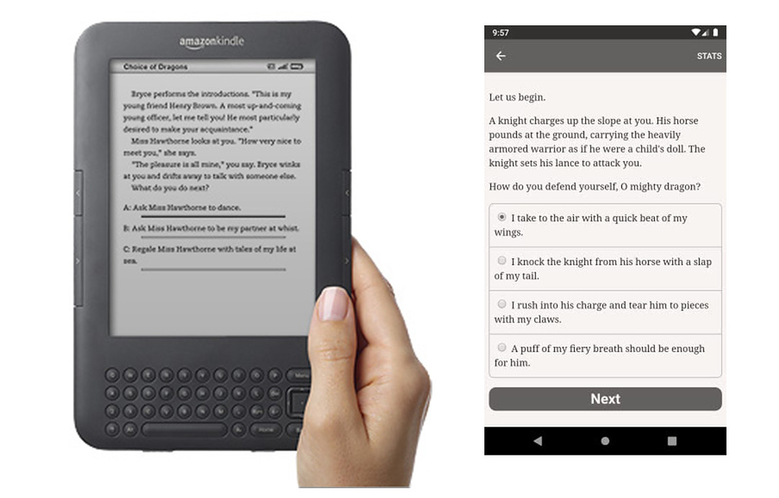 A Kindle DX running a Choice of Games title, and screenshot of a mobile phone running another.