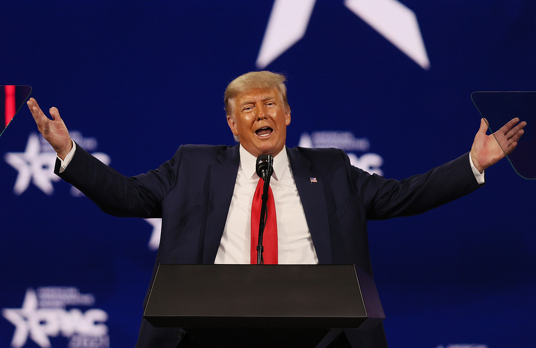 Former President Donald Trump addresses the Conservative Political Action Conference in February in Orlando. (Joe Raedle / Getty Images)