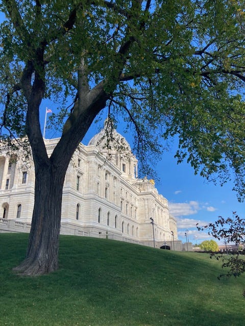 side view of the white marble state capitol building with a green tree framing the capitol on a green grass hill