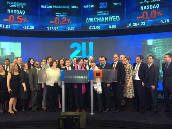 Nasdaq on Twitter: "2U Inc rings the #NASDAQ #OpeningBell in celebration of  its #IPO today! #dreamBIG $TWOU @2Uinc #edtech http://t.co/QB8xDPHKhS"