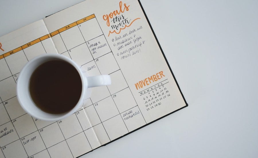 Cup of coffee on monthly calendar