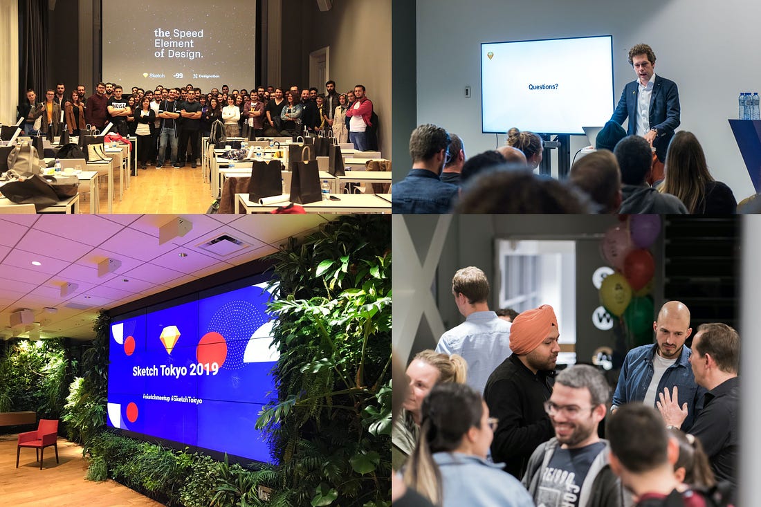 A montage of photos from various Sketch meetups around the world, including a photo of Sketch’s co-founder Pieter Omvlee speaking at an event.