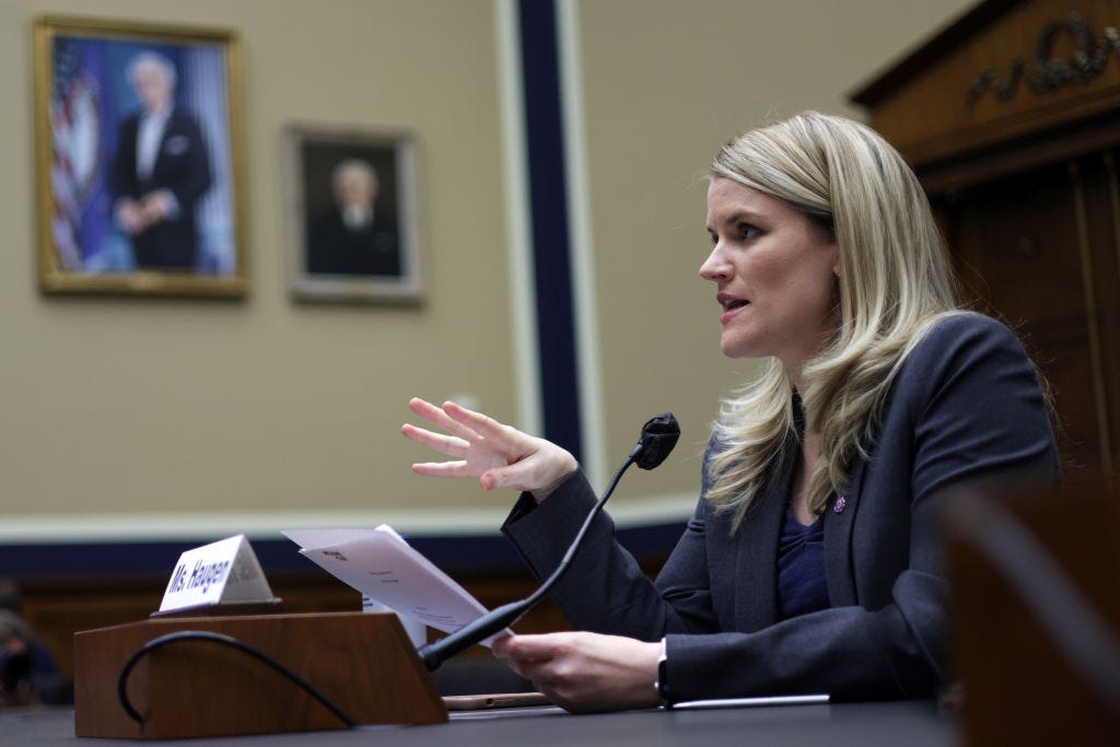 Frances Haugen testifies Wednesday during a hearing about Section 230 in Washington, DC. (Alex Wong / Getty Images)