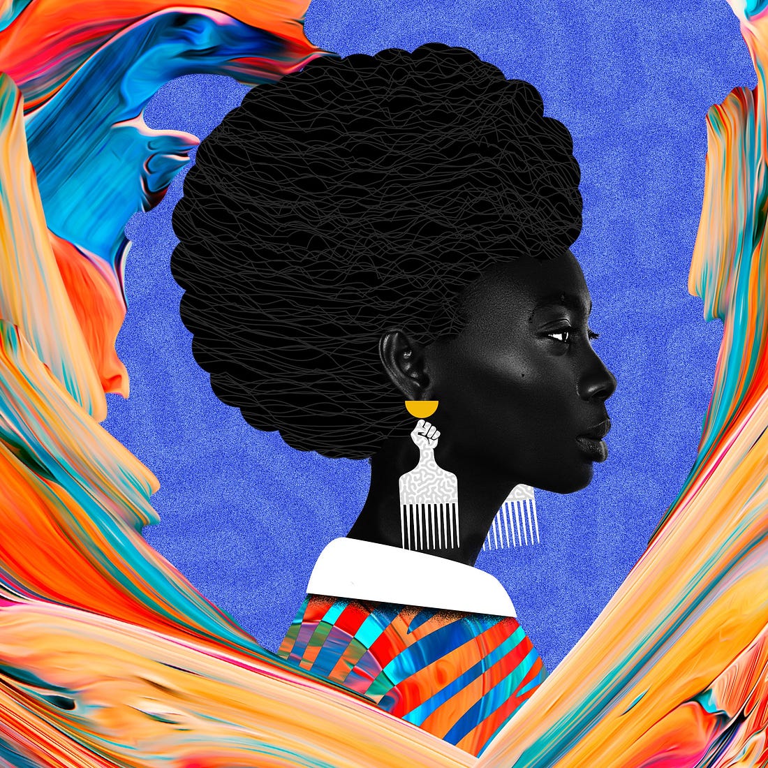 Photo of Black woman with afro and unity fist pick comb earrings against colorful background.