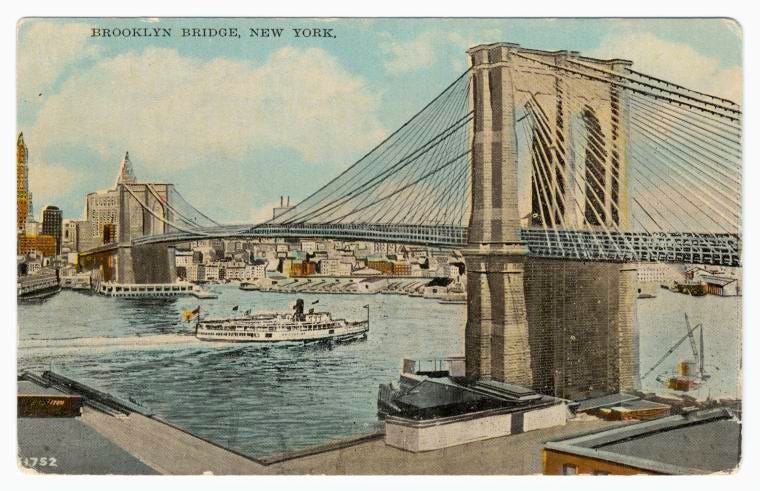 Watercolor postcard showing the Brooklyn Bridge from one shore, with bots passing underneath and the city skyline in the distance
