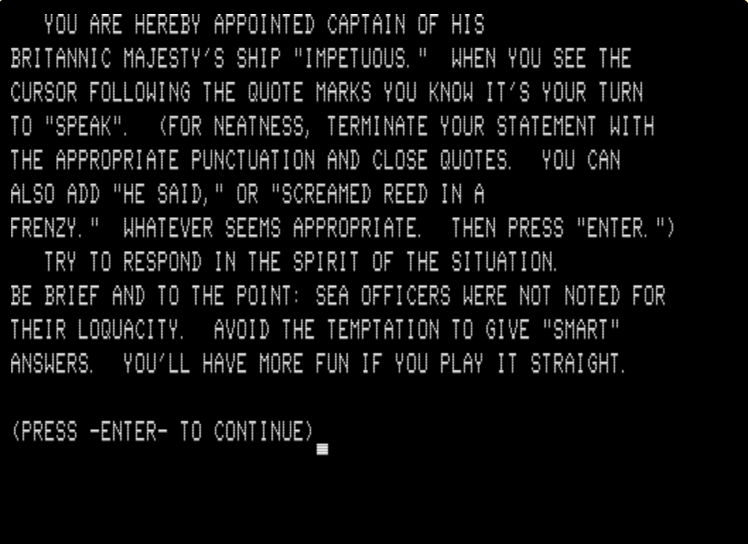 A screen of text from His Majesty's Ship Impetuous on a TRS-80 Emulator.