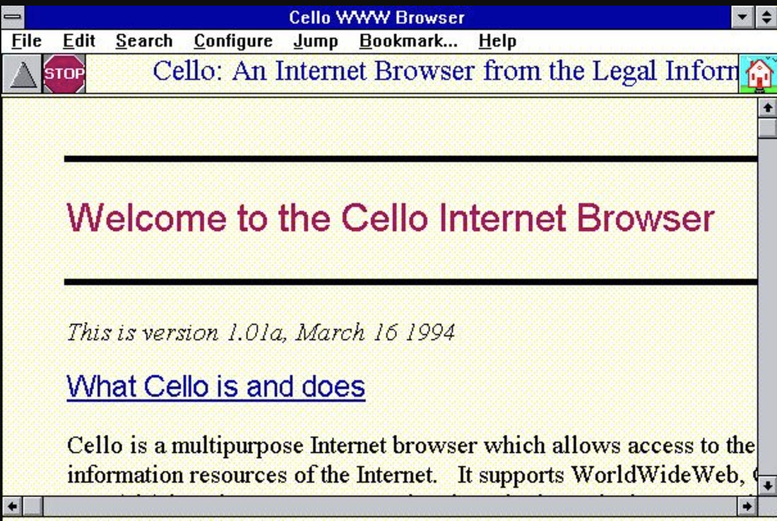 Windows 3.0 screen running Cello browser.