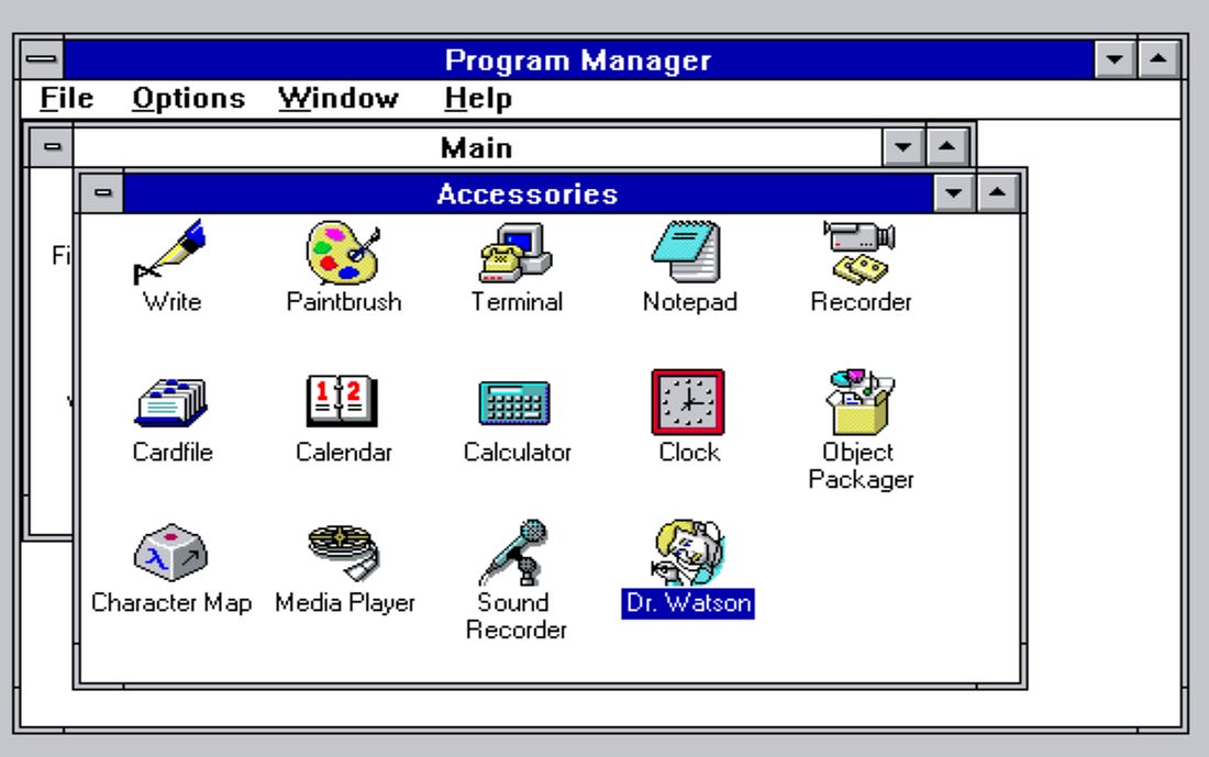 Windows 3.1 showing program icons including Dr. Watson