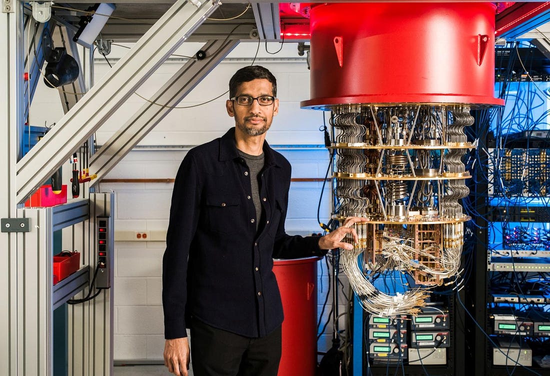 A handout picture shows CEO Sundar Pichai with one of Google's quantum computers in the Santa Barbara lab. Google via REUTERS