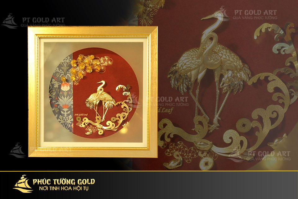 24k gold inlaid crane painting