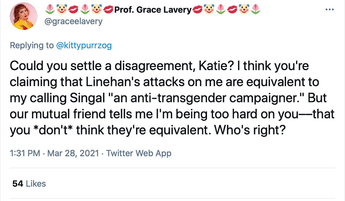 Grace Lavery tweet at Katie Herzog's equivocation