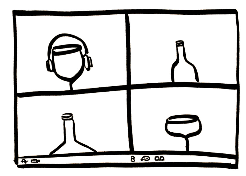 A sketch of a Zoom video conference where the participants are anthropomorphic wine bottles and glasses