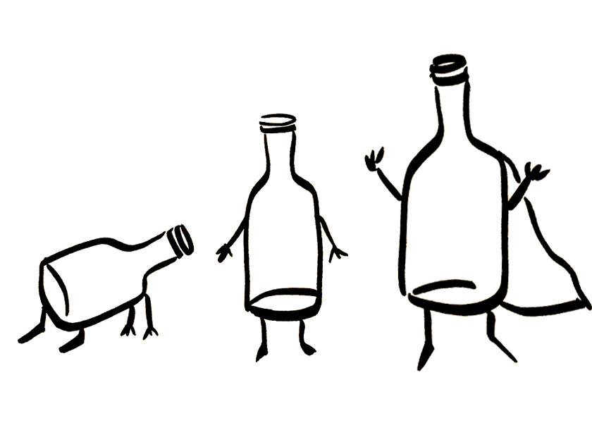 Anthropomorphic wine bottles crawling, walking, and flying