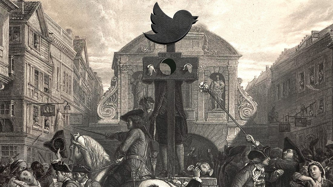 18th-century public square with pillory crowned by the Twitter logo and surrounded by crowd; the person in stocks has invisible head