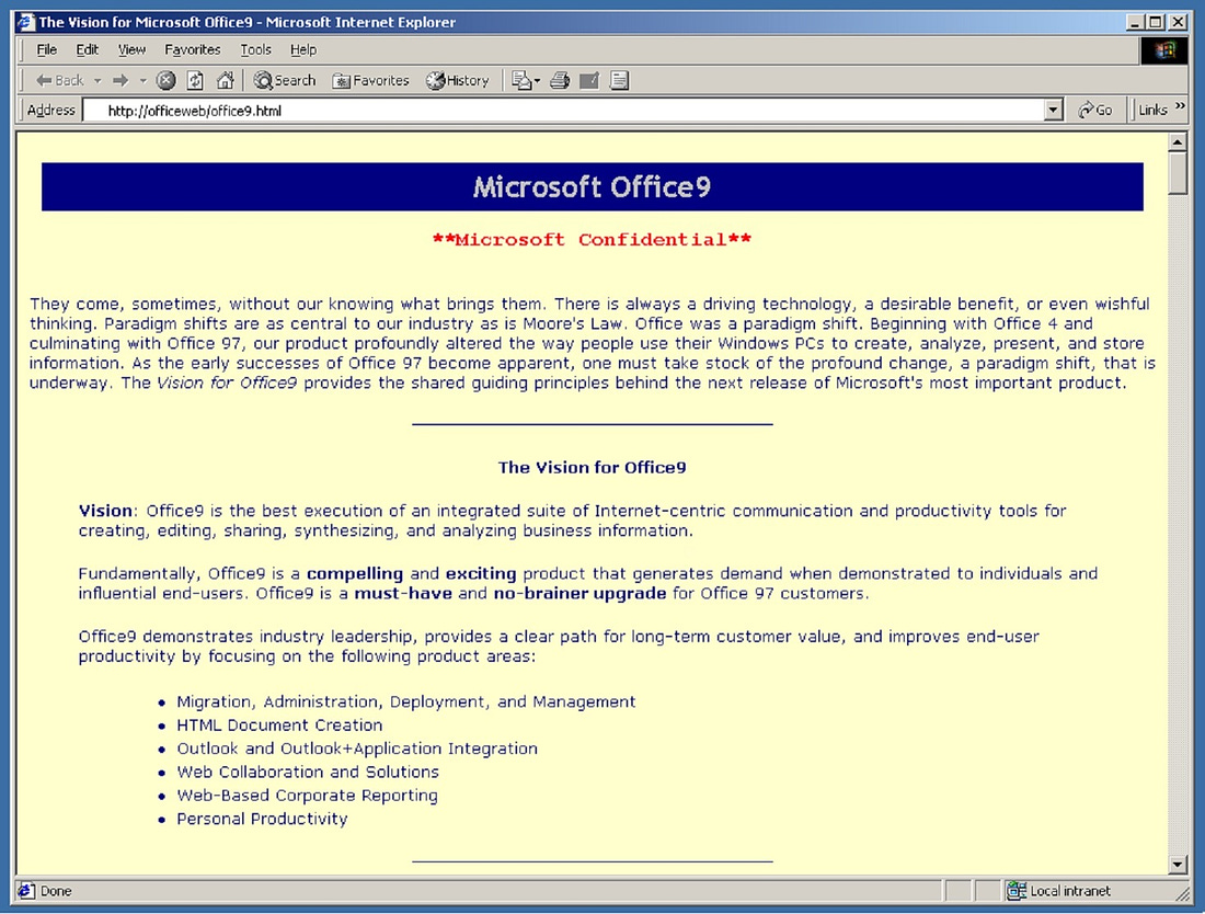 Office9 vision displaying in a vintage browser.
