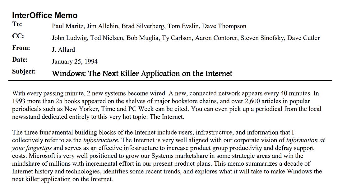 InerOffice memo from J. Allard describing "Windows: The Next Killer Application on the Internet