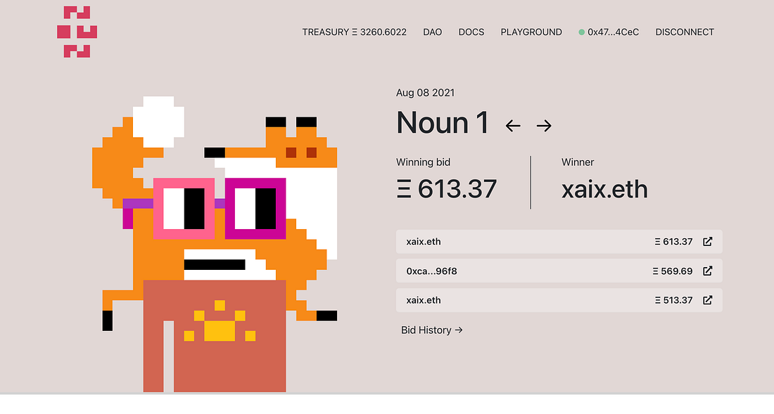 NounsDAO Review: Noun 1 Auction Page