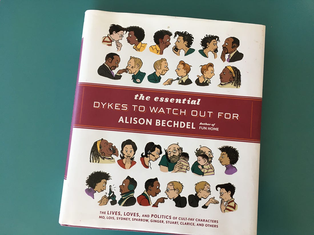 Photo of the hard cover copy of Alison Bechdel's The Essential Dykes to Watch Out For