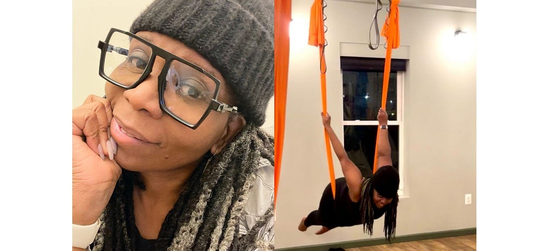 Two photos of Lynne. Left: A selfie in glasses and a hat. Right: Suspended in the air, facing the ground, hanging by straps, doing aerial yoga
