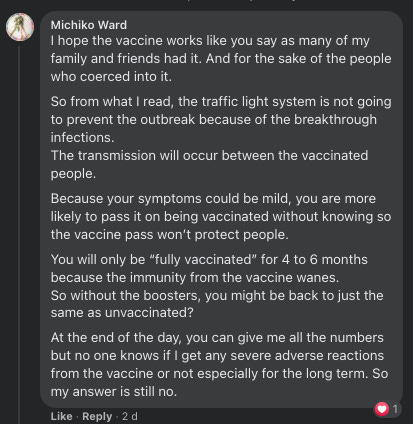 “At the end of the day you can give me all the numbers but no one knows if I get any severe adverse reactions from the vaccine […] in the long term”