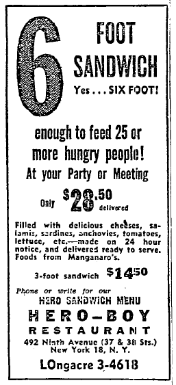 Advertisement for Hero-Boy Restaurant. Main text advertises a six-foot sandwich, "enough to feed 25 or more hungry people," for $28.50. 
