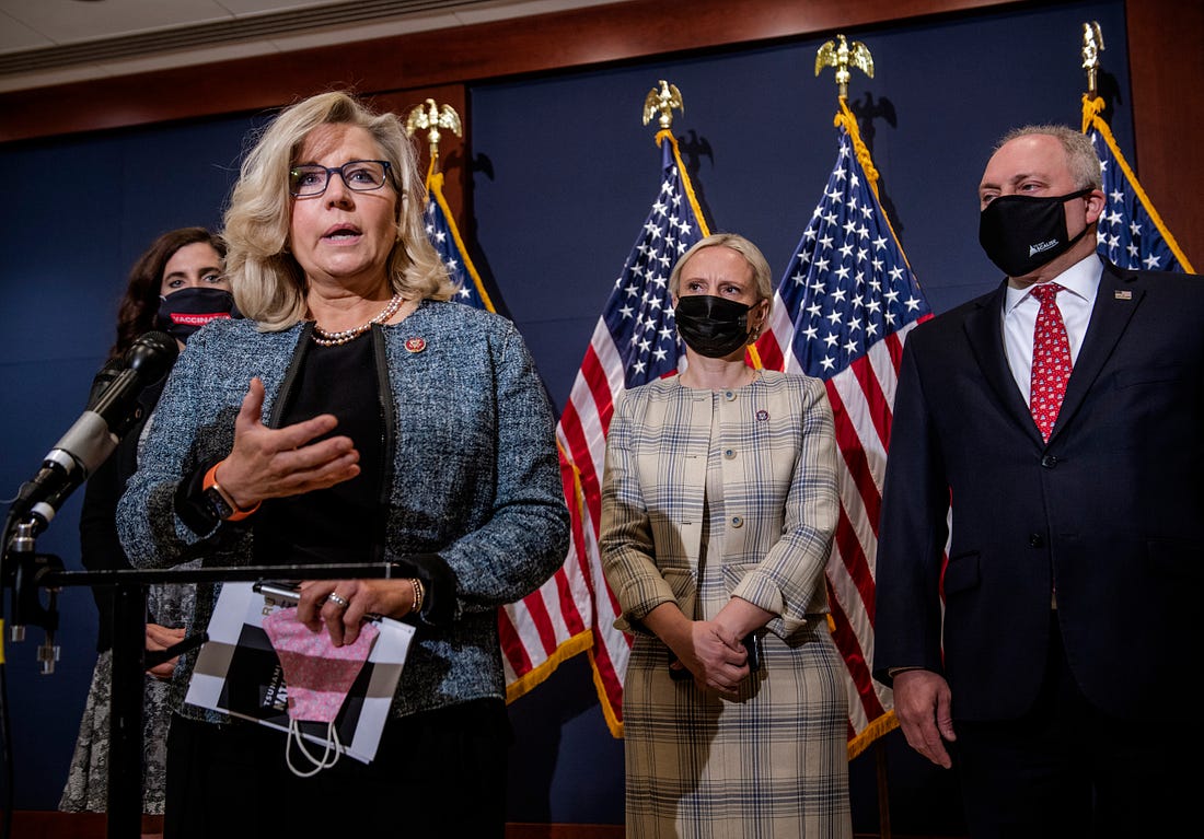Rep. Liz Cheney(R-WY), second left, joins other House Republican Leadership for a press conference, in Washington, DC. Behind her are Rep. Nancy Mace (R-SC), left, Rep. Victoria Spartz (R-IN), second right, and Rep. Steve Scalise(R-LA), right. 