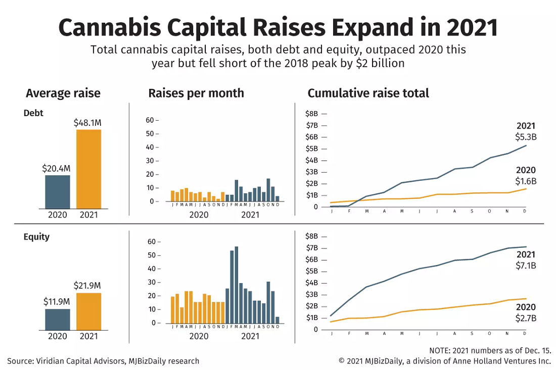 A chart showing cannabis capital raises in 2021