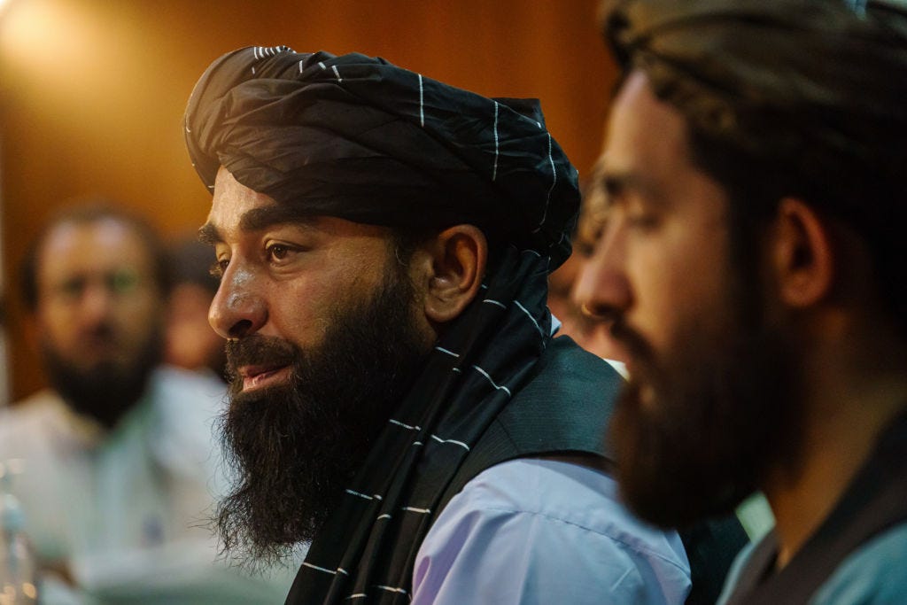 Taliban spokesman Zabihullah Mujahid speaks at a press conference Tuesday in Kabul, Afghanistan, (Marcus Yam / Getty Images)