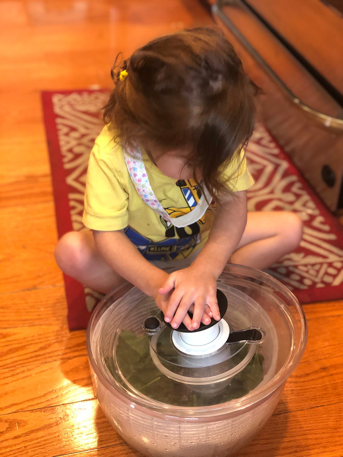 Photo of brown haired toddler pushing down on a salad spinner.