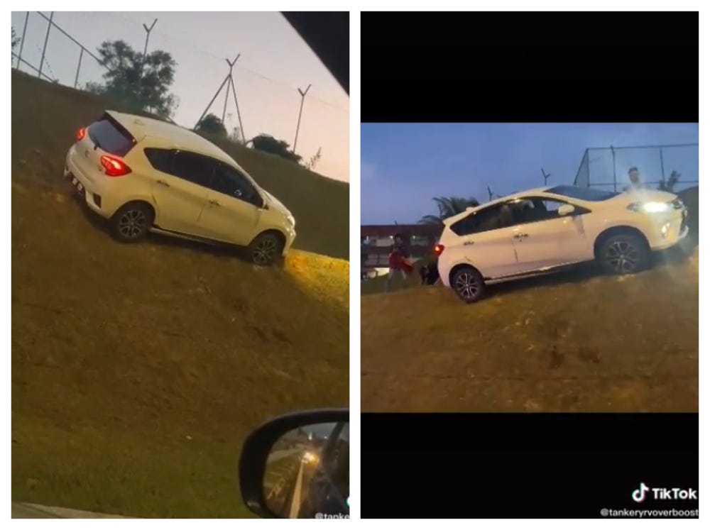 The Myvi going over the road divider and uphill a slope has impressed many with its ‘flying’ abilities. — Screengrab via TikTok/tankeryrvoverboost