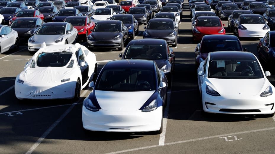 A parking lot of predominantly new Tesla Model 3 electric vehicles is seen in Richmond, California, U.S. June 22, 2018.