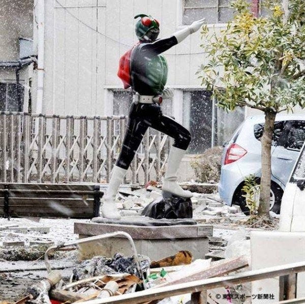 Kamen Rider statue stands untouched after the 2011 Earthquake/Tsunami