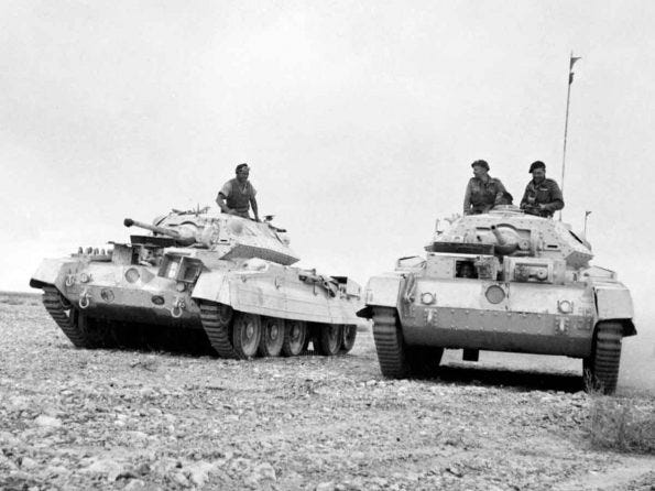 Crusader tanks moving to forward positions in the Western Desert, 26 November 1941. The Mk I only had a two pounder gun and was unreliable.