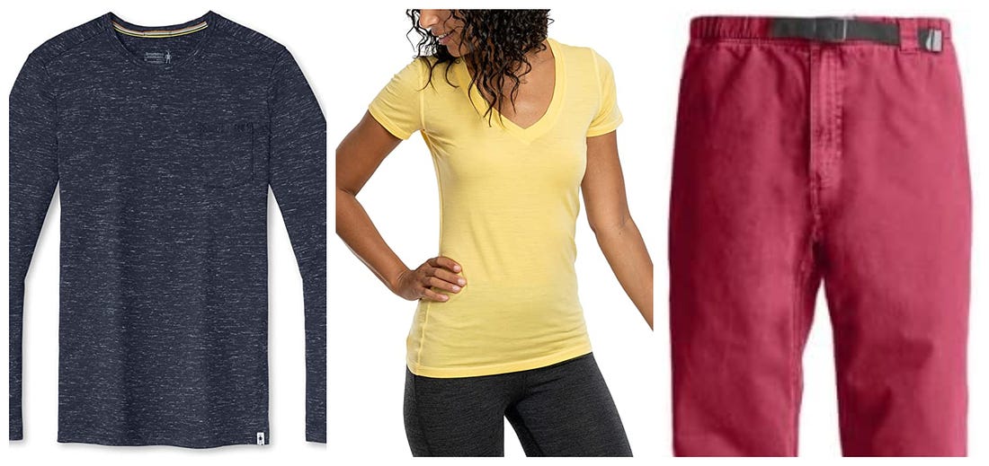 A blue Merino long-sleeve shirt for men, a yellow Merino short-sleeve shirt for women, and a pair of Gramicci pants.