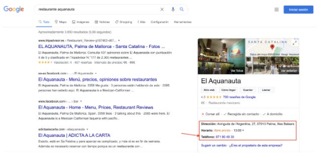 Información de "El Aquanauta" en Google MyBusiness