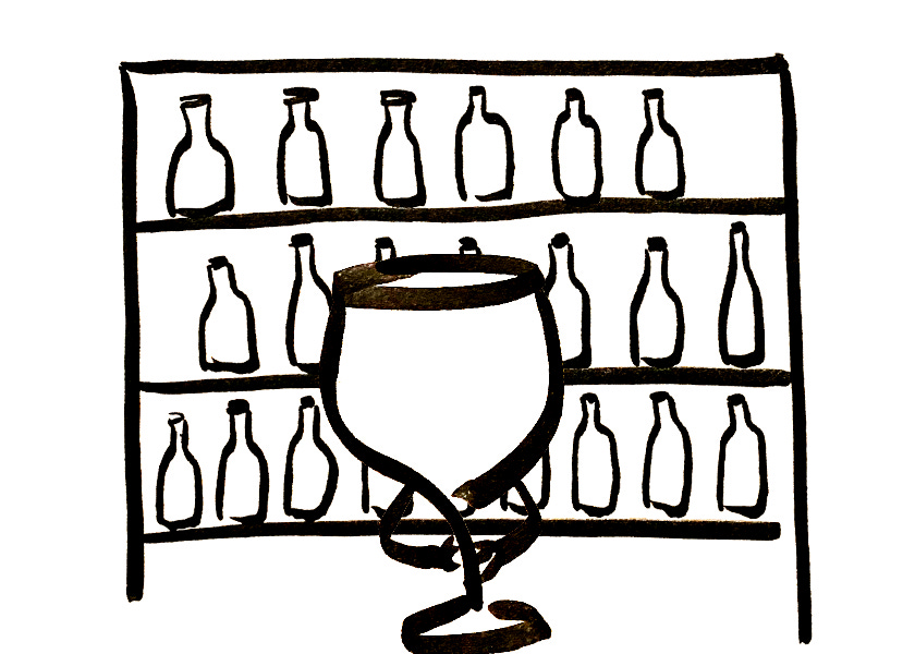 An anthropomorphic wine glass looks at a shelf full of wine bottles