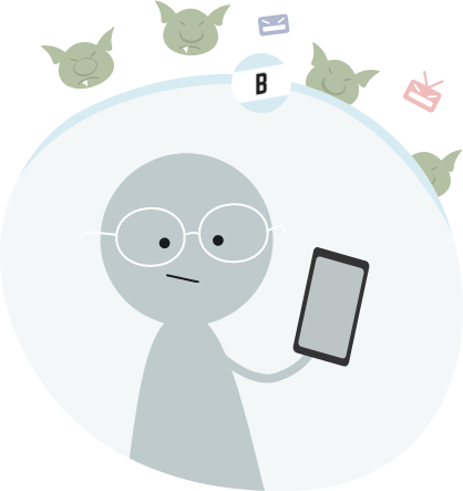 Gray animated character with glasses holding a phone in a safe bubble that is blocking out animated Internet trolls.